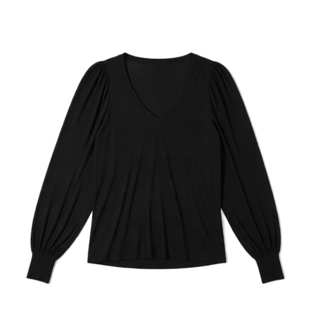 Nation LTD V-Neck Puff Sleeve Long Sleeve Top Black Pima Cotton Small